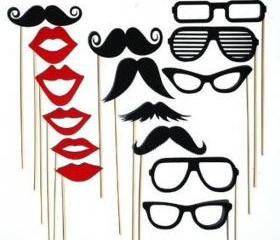 Wedding Party Photo Booth Prop Masks Mustache Eye Glasses Lips on a Stick Set of 15
